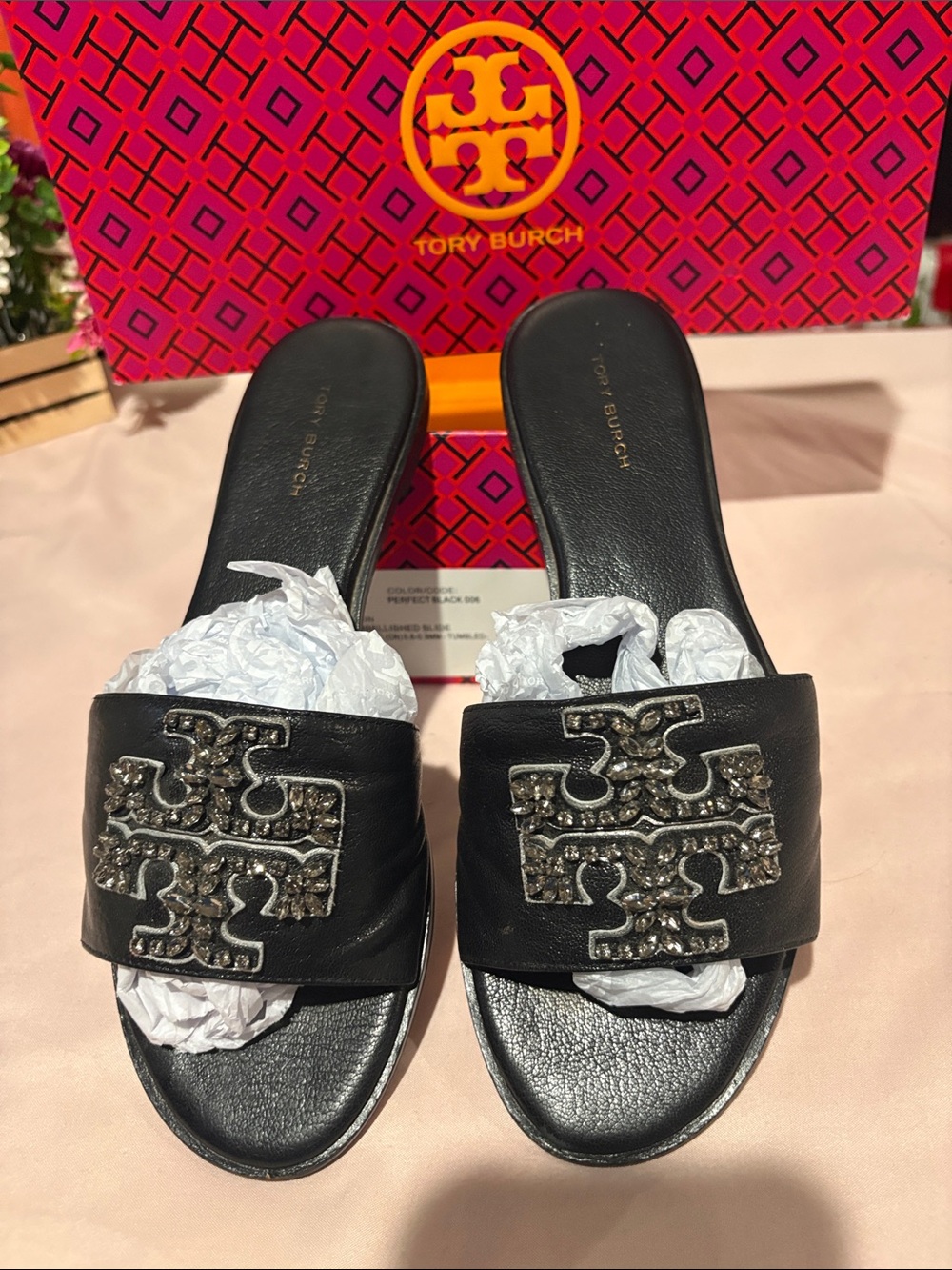 Tory Burch Black Crystal-Embellished Leather Slide Mules box included